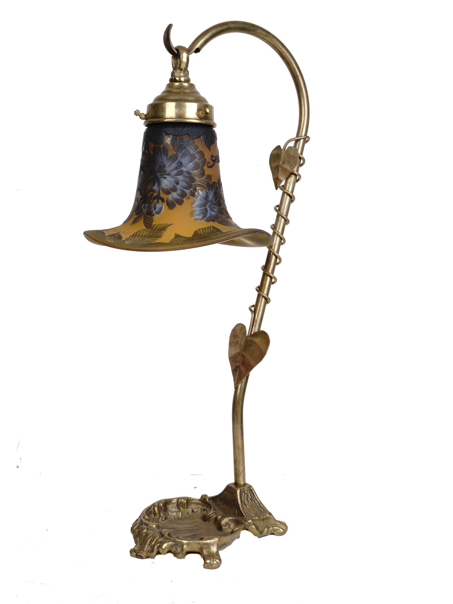 FLOWER BRASS TABLE LAMP WITH GALLE GLASS SHADE PIC-0